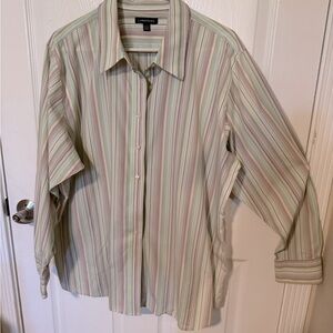 Lands' End Beige Striped Casual Button Down Shirt Relaxed Fit